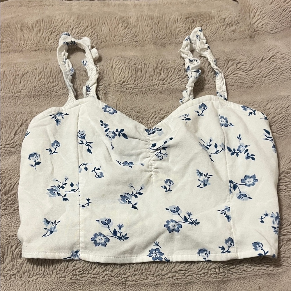 Hollister White and Blue Floral Crop Top